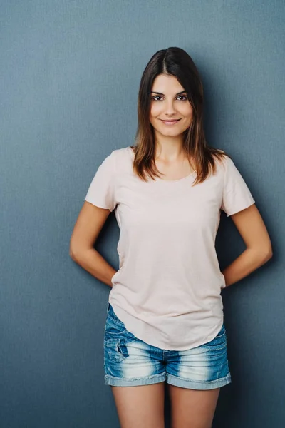 Cute Young Woman Casual Denim Shorts Top Standing Her Arms — Stock Photo, Image