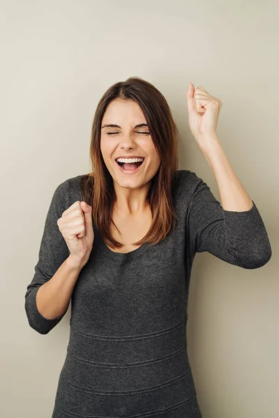 Jubilant Excited Young Woman Cheering Punching Air Her Fists Her — Stock Photo, Image