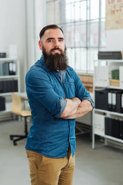 Casual Bearded Businessman Entrepreneur Standing Spacious Office Folded Arms Looking — Stock Photo, Image