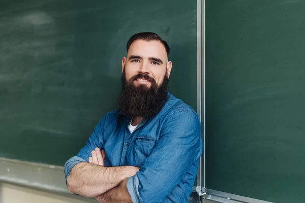 Portrait Cheerful Bearded Man Standing Blackboard Classroom Royalty Free Stock Images