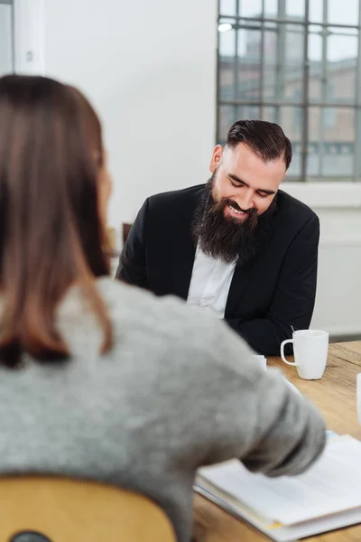 Male Female Work Colleagues Office Shoulder View Smiling Bearded Man Stock Picture