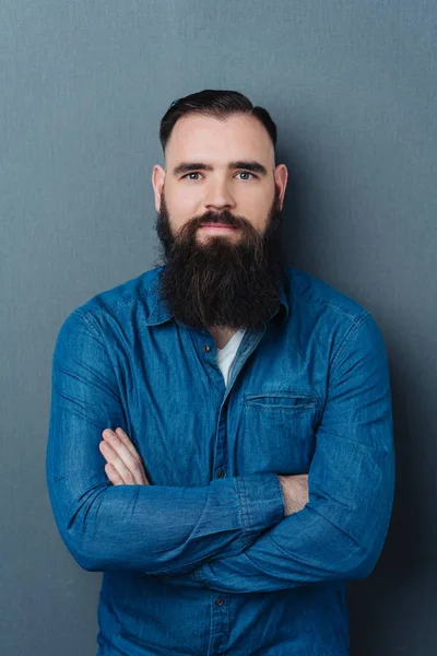 Confident Bearded Man Casual Blue Denim Shirt Standing Folded Arms Stock Photo