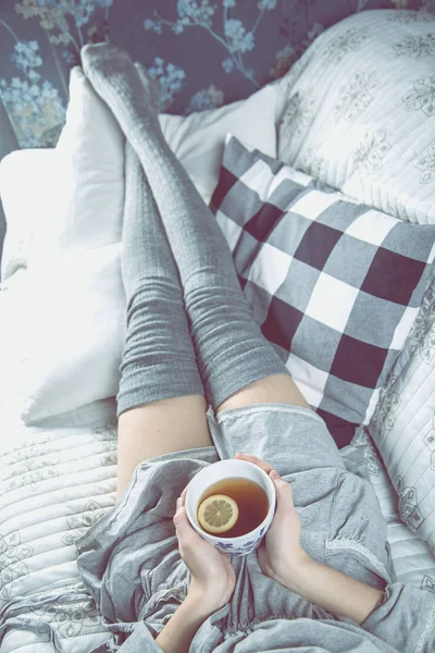 Cozy situation with drinking tea, cozy faded concept — Stock Photo, Image