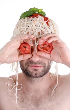 Baş, beyaz zemin üzerine spagetti ile komik adam