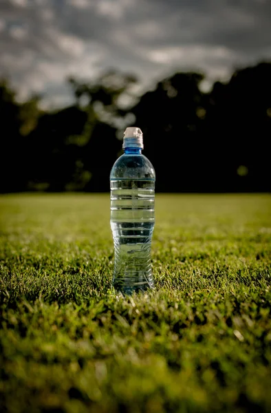 Water after running on green grass filed