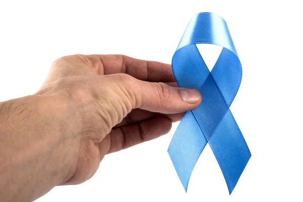 Nahaufnahme Der Männlichen Hand Mit Himmelblauem Prostatakrebs Bewusstseinsband Auf Weißem — Stockfoto