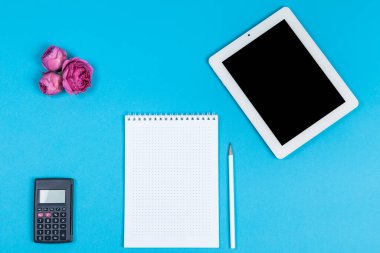 Çalışma alanının mavi arkaplandaki üst görüntüsü. Hesap makinesi, defter, kalem, tablet bilgisayar ve pembe çiçek tomurcukları.
