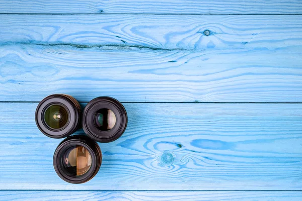 Camera Lenses Wooden Table Top View Background Workspace Photography — Stock Photo, Image