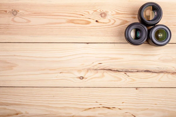 Lenti Della Fotocamera Tavolo Legno Vista Dall Alto Sfondo Spazio — Foto Stock