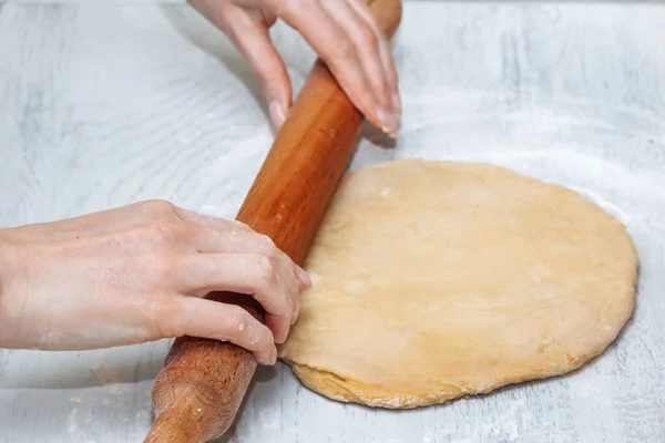 Girl Rolls Out Raw Dough Kitchen Concept Home Cooking Making — Stock Photo, Image