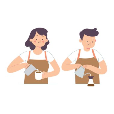 Kahve barmeni olarak çalışan iki kadın ve erkek işçi, barmen olarak çalışan genç kadın ve erkek kahve hazırlama ve işleme elemanı, karakter vektör çizimi