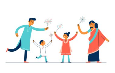 Aile, baba, anne ve iki çocuk geleneksel Hint kıyafetleri giyip Diwali Günü 'nde küçük bir ailenin havai fişek ateşlediği Diwali festivalini kutluyorlar.