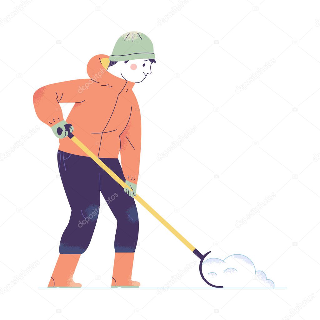 a young man cleans snow in the yard, young men with thick jackets, headgear and holding a snow shovel working outdoors in the winter