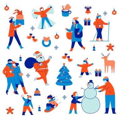 çeşitli Noel karakterleri ve kış aktiviteleri
