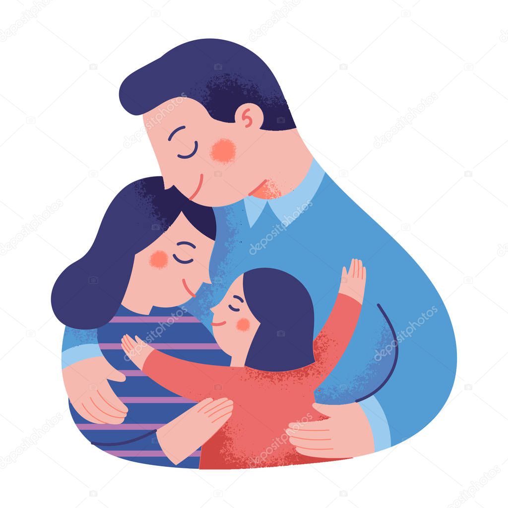 father, mother and daughter hugging warmly and lovingly, concept of happy family full of love