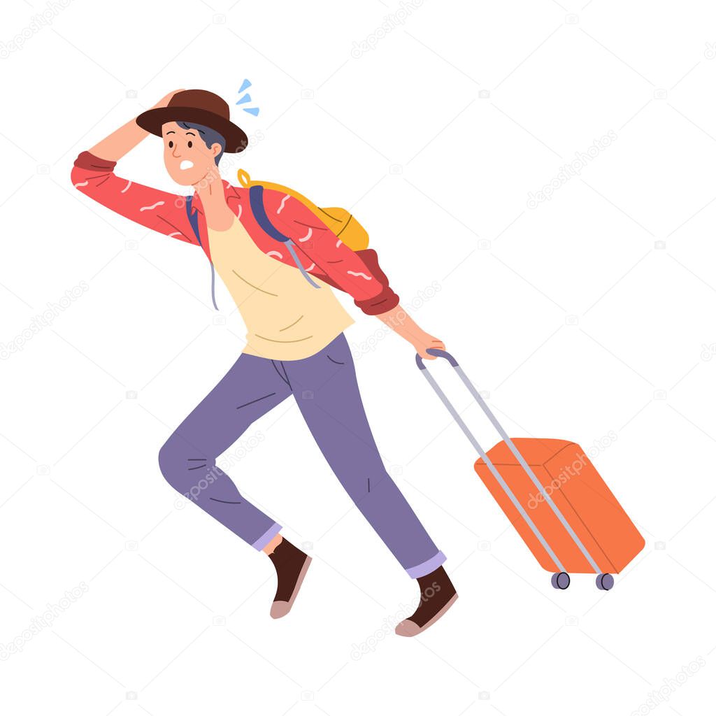 vector illustration of a young man in a hurry and panic for fear of being late to catch a plane at the airport