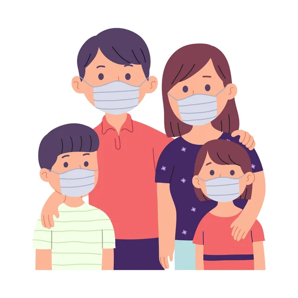 母親と父親と2人の子供がマスクをしている家族のベクトル図です — ストックベクタ