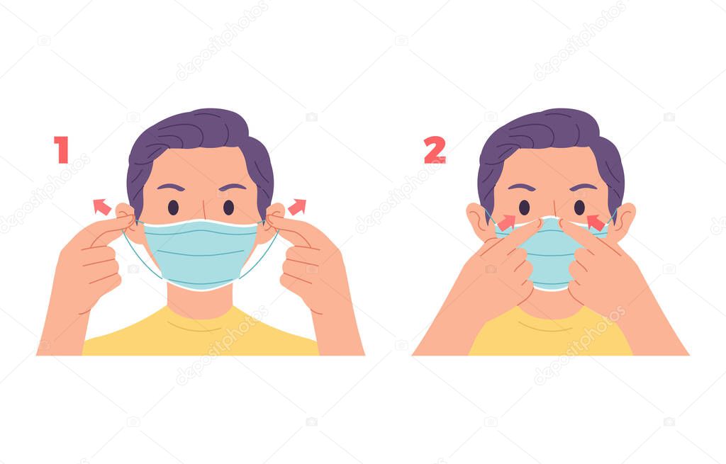 vector illustration of young man demonstrating or giving examples of wearing health masks on the face