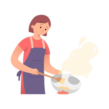 Bir kadın ya da annenin vektör çizimi. Önlük takıyor, tavayla pişiriyor ve çok fazla duman çıkıyor.