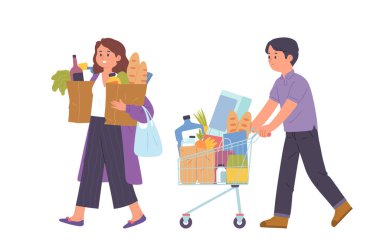Marketlerden alışveriş malzemeleri taşıyan erkeklerin resimli karakterleri, el arabaları ve kağıt torbalarla alışveriş yapan kadınlar.