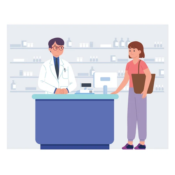 Vector Illustration Pharmacist Serving Prescription Drug Purchase Woman Drugstore Pharmacist — Stock Vector