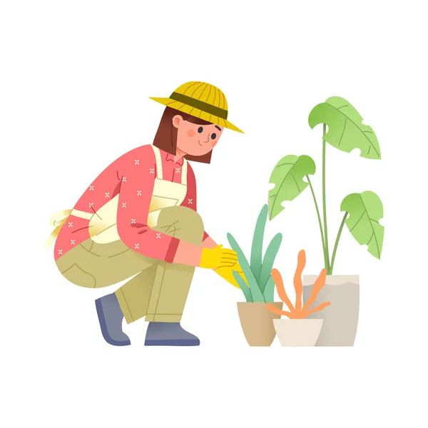 Ilustración Vectorial Una Mujer Joven Agachándose Mientras Cuida Plantas Flores — Vector de stock