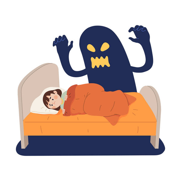 vector illustration of a girl's fantasy with a frightened expression imagining a very scary big ghost from under the bed