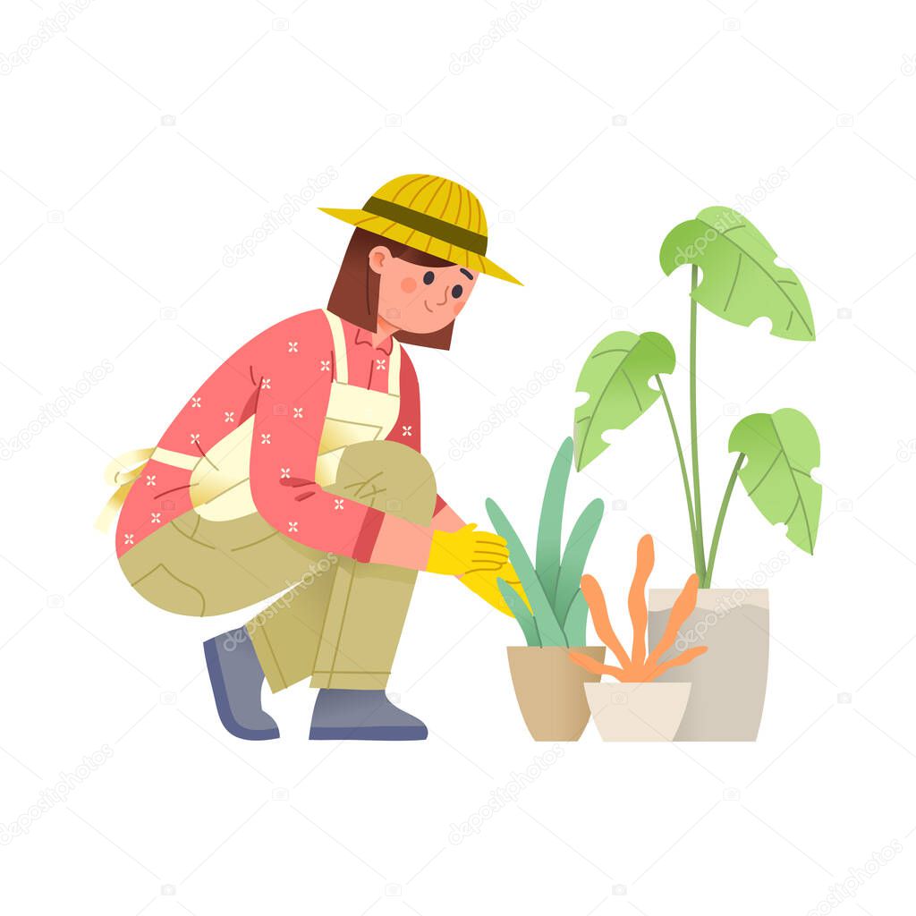 vector illustration of a young woman crouching while caring for plants or flowers in a pot, the concept of character gardening illustrations