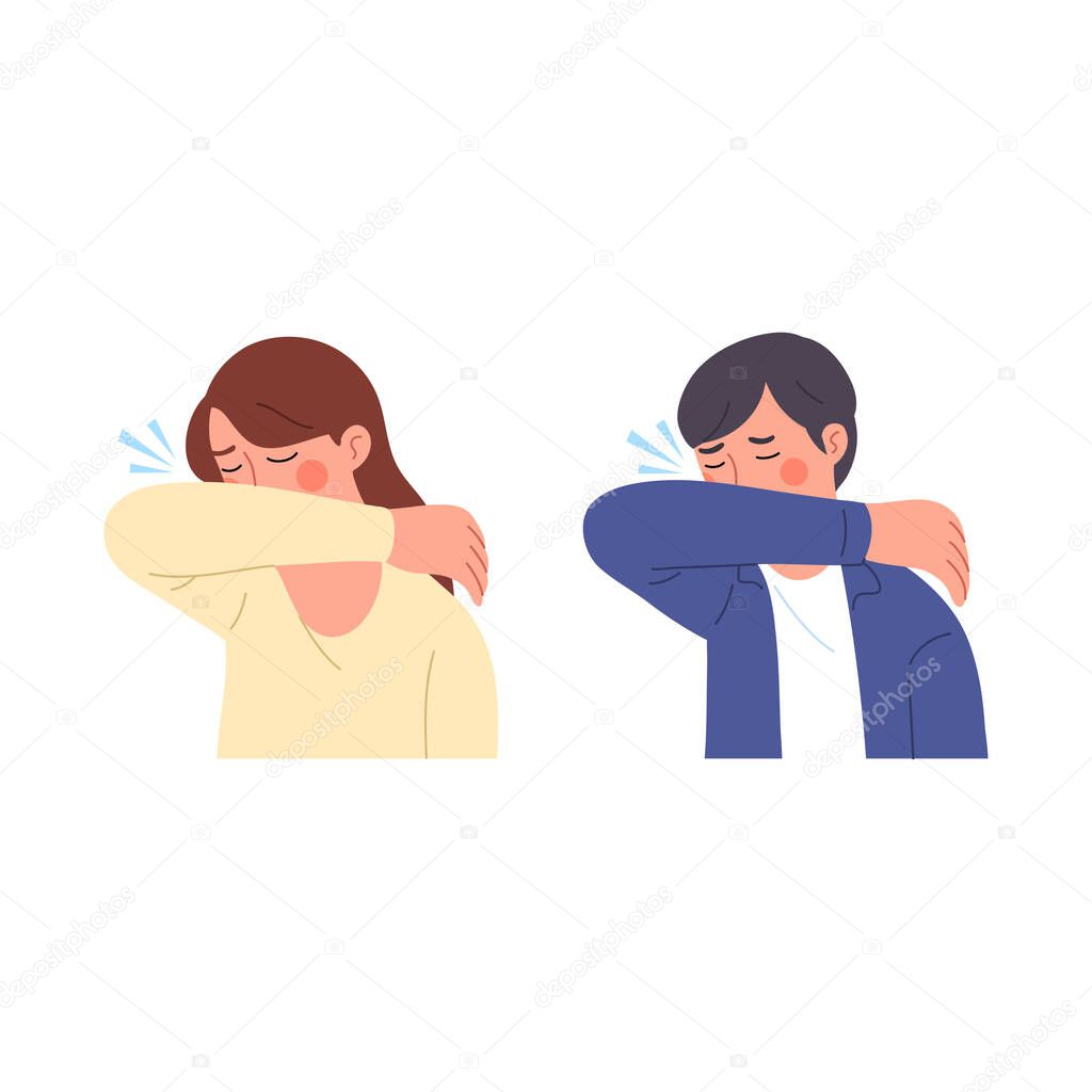 male and female illustration characters when sneezing trying to cover their mouths with their arms to prevent germs from flying from their mouths