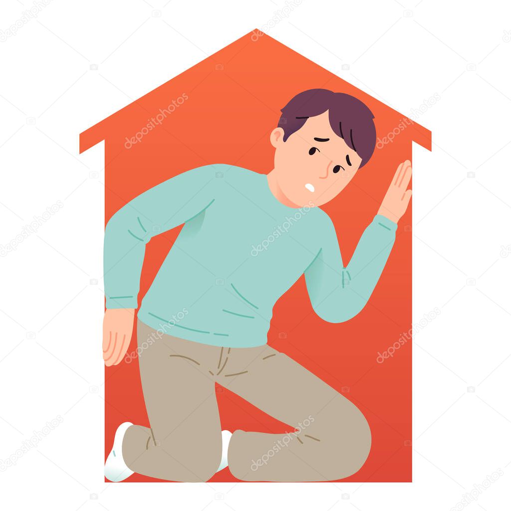 vector illustration of a young man experiencing a phobia of narrow space or claustrophobia, the concept of illustration of a man experiencing shortness of breath and fear due to being in a small and cramped space