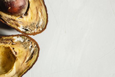 Bozulmuş çürümüş çürük avokado meyvesi gri arka planda ikiye bölünmüş. Yemek israfını bırak. Kapatın. Boşluğu kopyala.