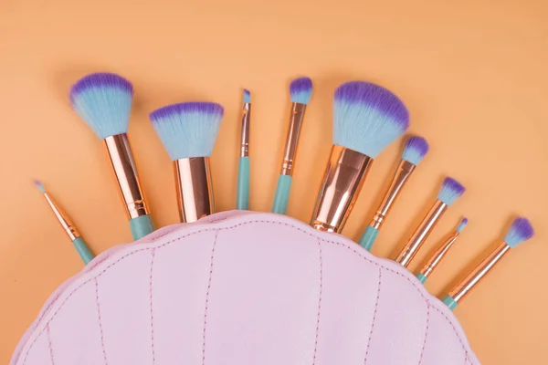 Maquillaje cepillos aislados pastel fondo — Foto de Stock