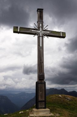Top and Summit Cross of Mount Hoher Ziegspitz, 1864 m in Ammergauer Alps, in Garmisch-Partenkirchen, Upper Bavaria, Germany