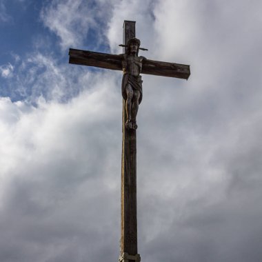 Summit Cross of Mount Kofel, 1342 m in Ammergauer Alps, Ostalpen, located in Oberammergau, Upper Bavaria, Germany