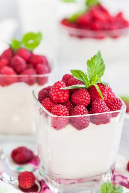 Lezzetli tatlı köpük taze ahududu ile dekore edilmiştir.