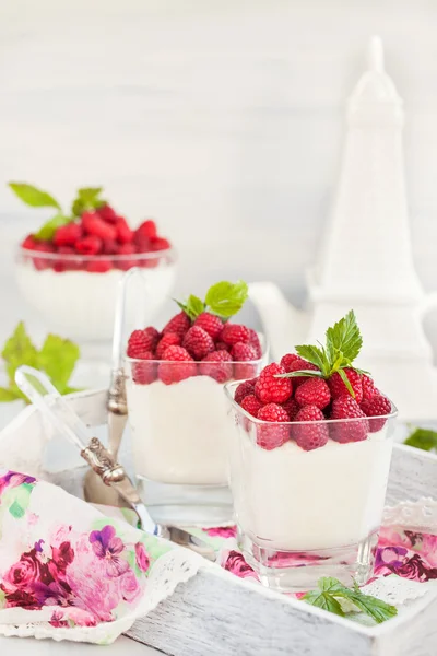 Deliciosa mousse dulce decorado con frambuesas frescas — Foto de Stock