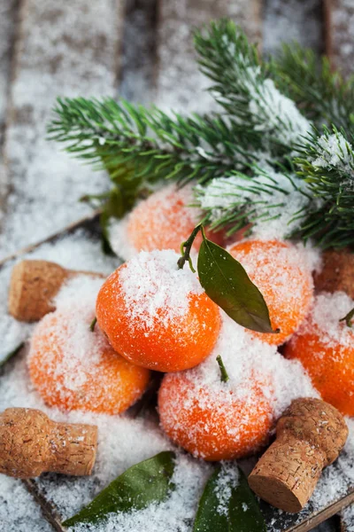 Mandarina fresca en la mesa cubierta de nieve —  Fotos de Stock