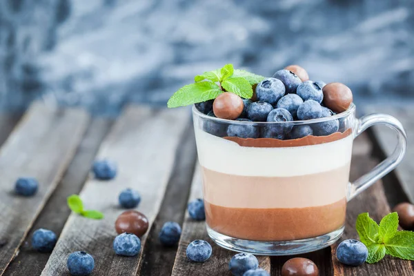 Delicious  three layered chocolate mousse dessert — Stock Photo, Image