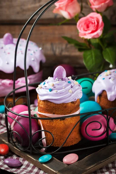 Delicious homemade holiday Easter cakes and colored eggs