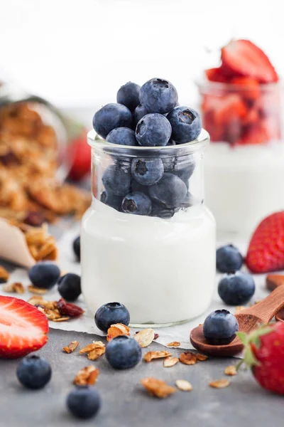 Delicious plain yogurt with fresh blueberry and strawberry in a — Stock Photo, Image