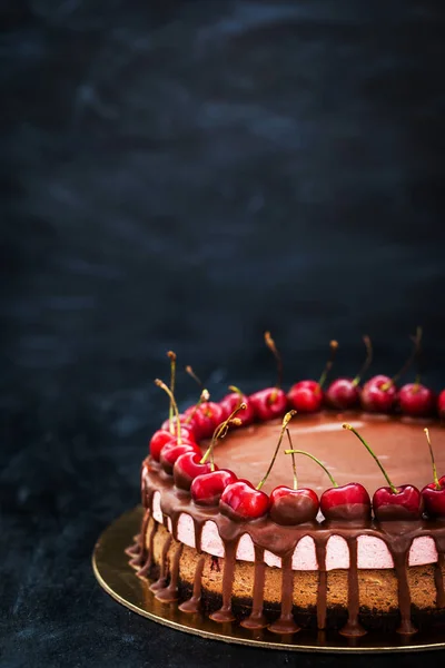 Νόστιμο cheesecake σοκολάτας και βύσσινο γλυκό διακοσμημένο με — Φωτογραφία Αρχείου