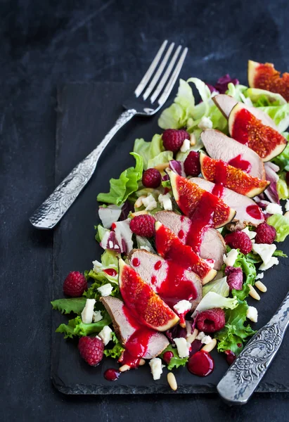 Taze incir, ördek eti ve frambuaz sos ile lezzetli salata — Stok fotoğraf