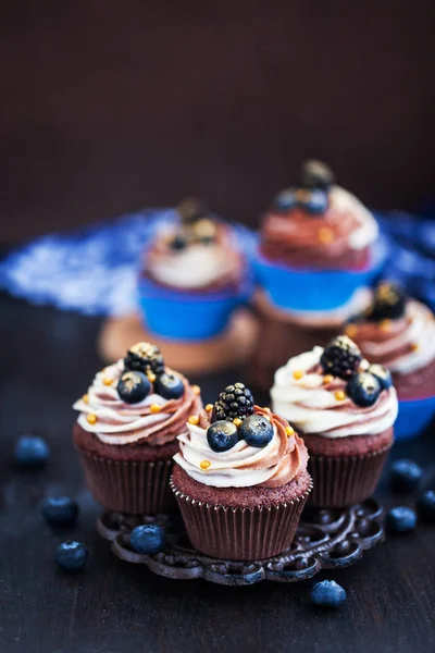 Hemmagjord läckra choklad muffins med färska bär på toppen — Stockfoto