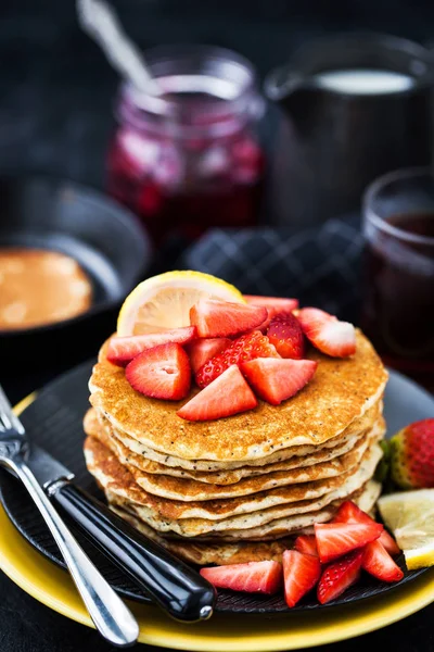 Stack of freshly prepared lemon poppy seed  pancakes — Stock Photo, Image