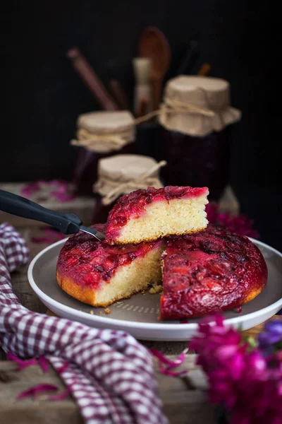 Fresh homemade upside-down plum cake — Stock Photo, Image