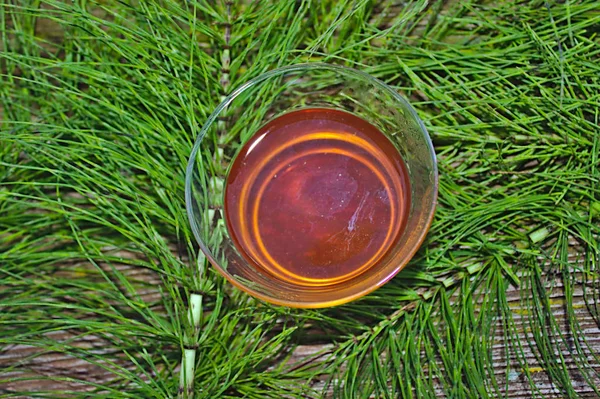 Horsetail tea and horsetail on a wooden board — Stock Image Horsetail Tea Horsetail Wooden Board Stock Photo