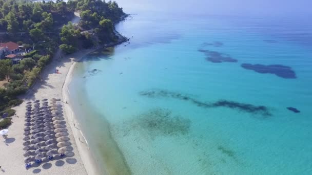 Luftaufnahmen Vom Schönen Strand Mit Weißem Sand Und Liegestühlen Türkisfarbenen — Stockvideo