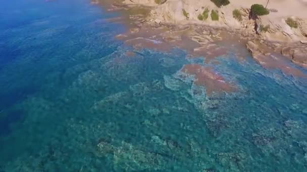 在蓝色和绿松石水晶般的清澈大海旁边 空中无人拍到美丽自然的海岸 — 图库视频影像