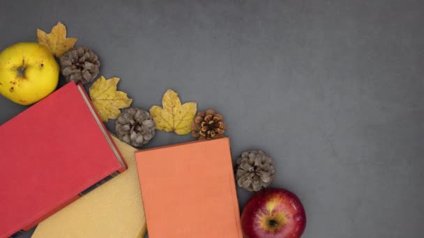 Красные Оранжевые Желтые Книги Исчезают Серого Фона Осенним Декором Остановить — стоковое видео
