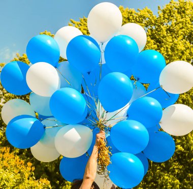 Erkek el ele tutuşan mavi ve beyaz balonlar, güneşli bir günde yeşil ağaç ve mavi gökyüzüne karşı. Tatil, kutlama, Çocuklar Günü, düğün, mezuniyet konsepti.
